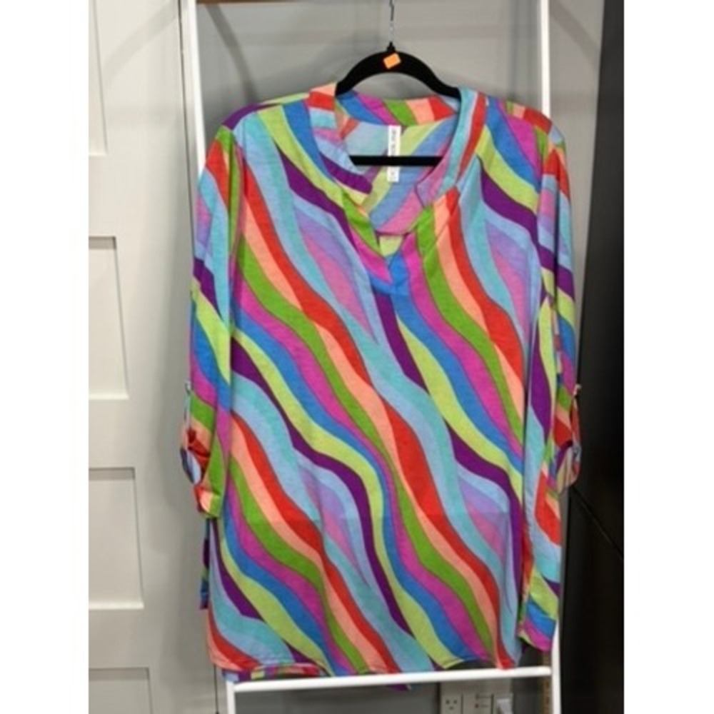 Dear Scarlett Multicolor Wavy Stripe Roll Tab Sleeve Tunic XL LIZZY Retro Mod